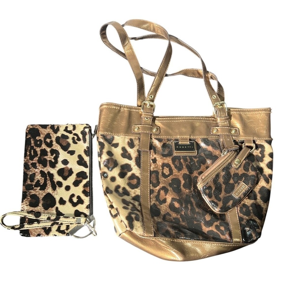 Rossetti Women's Leopard Print Metallic Gold Tote Handbag & Matching Wallets Set